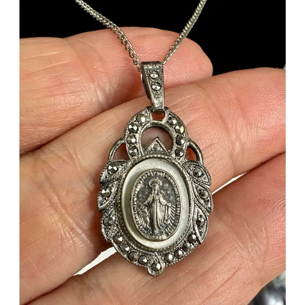 Vintage Marvel Sterling Silver Miraculous Medal Necklace Marcasite Pendant 16